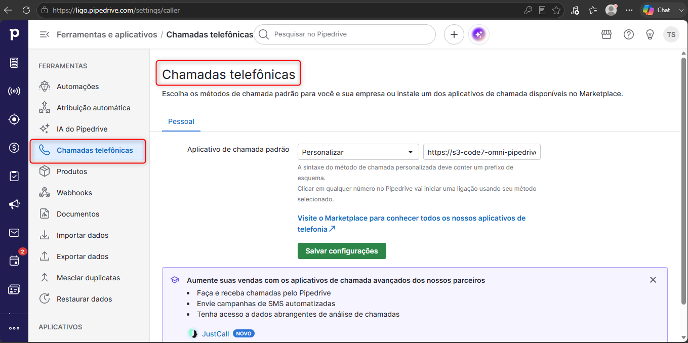 Tela Chamadas telefonicas