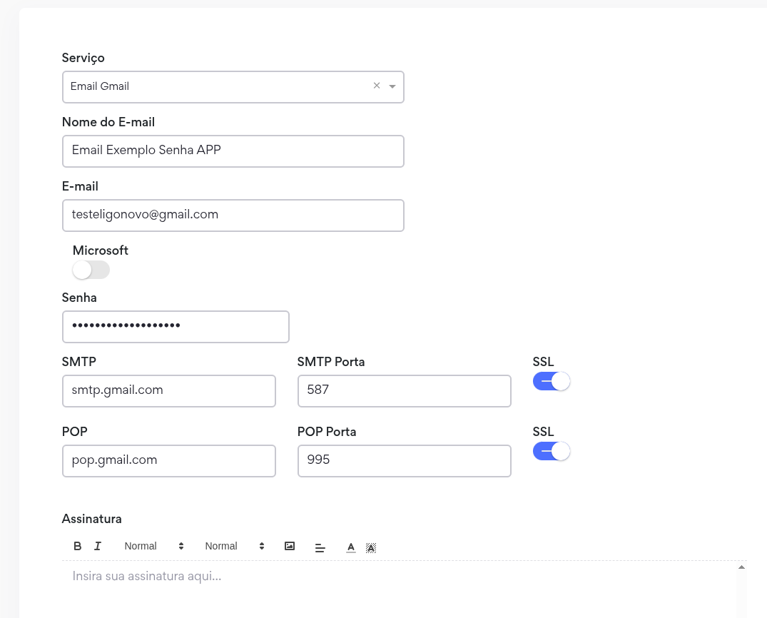 Tela Configuração E-mail