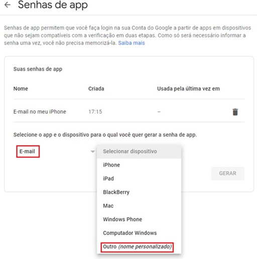 Configuração Senhas de App