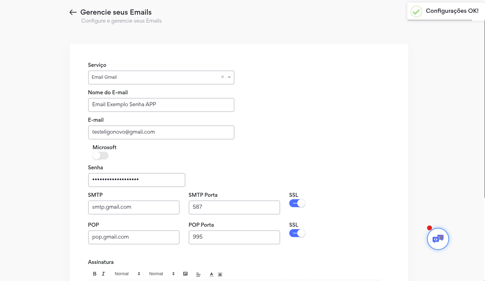 Configurações de E-mail OK no Omni