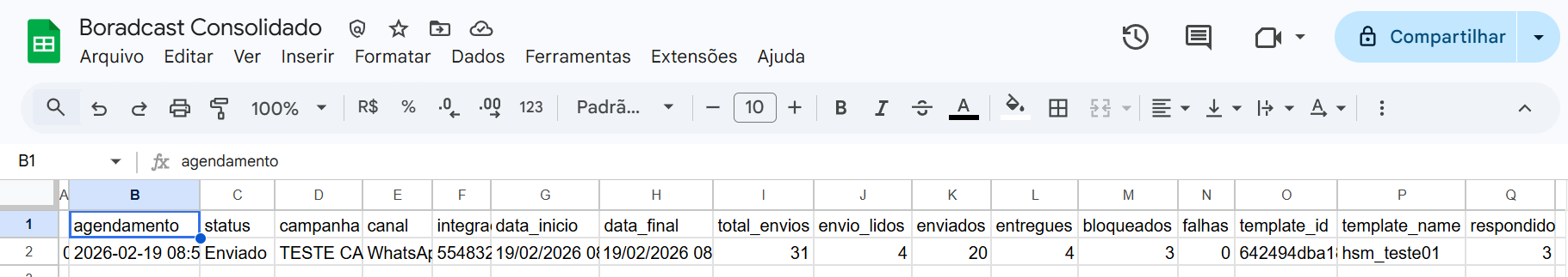 :class=sombracaixa Exemplo de registros Relatório de Broadcast Consolidado