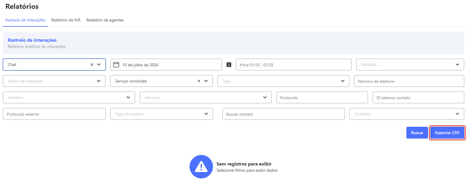 Rastreio de Interações Exportar CSV