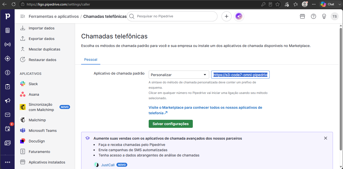 Opção Personalizar