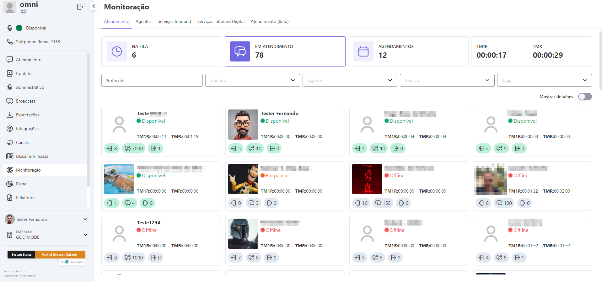 Monitoração Atendimento com Visualização em Cards