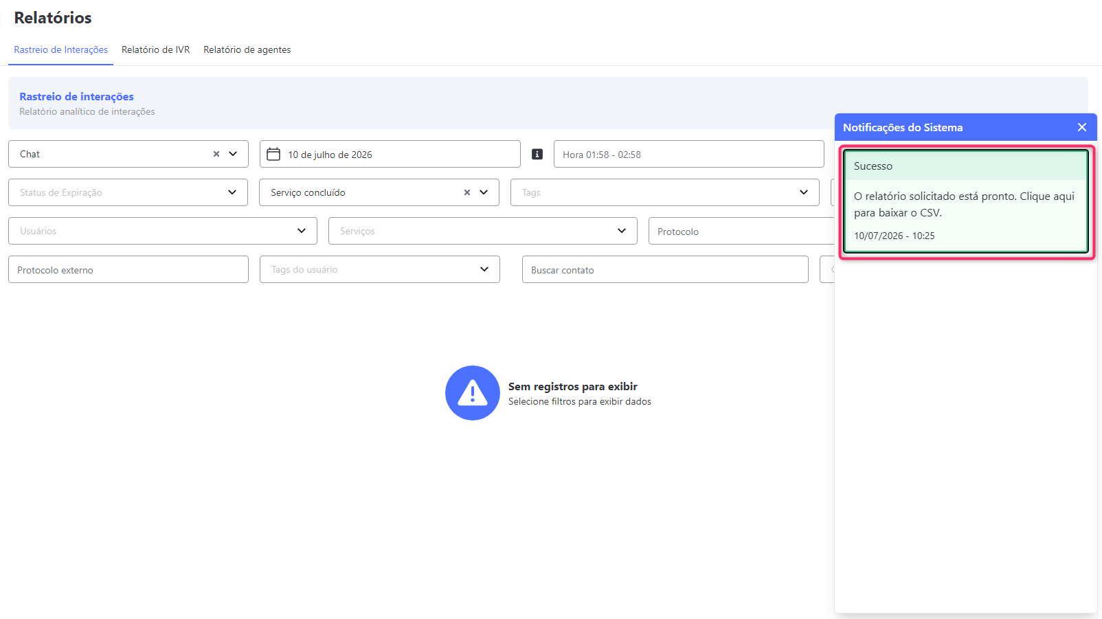 Rastreio de Interações Download CSV