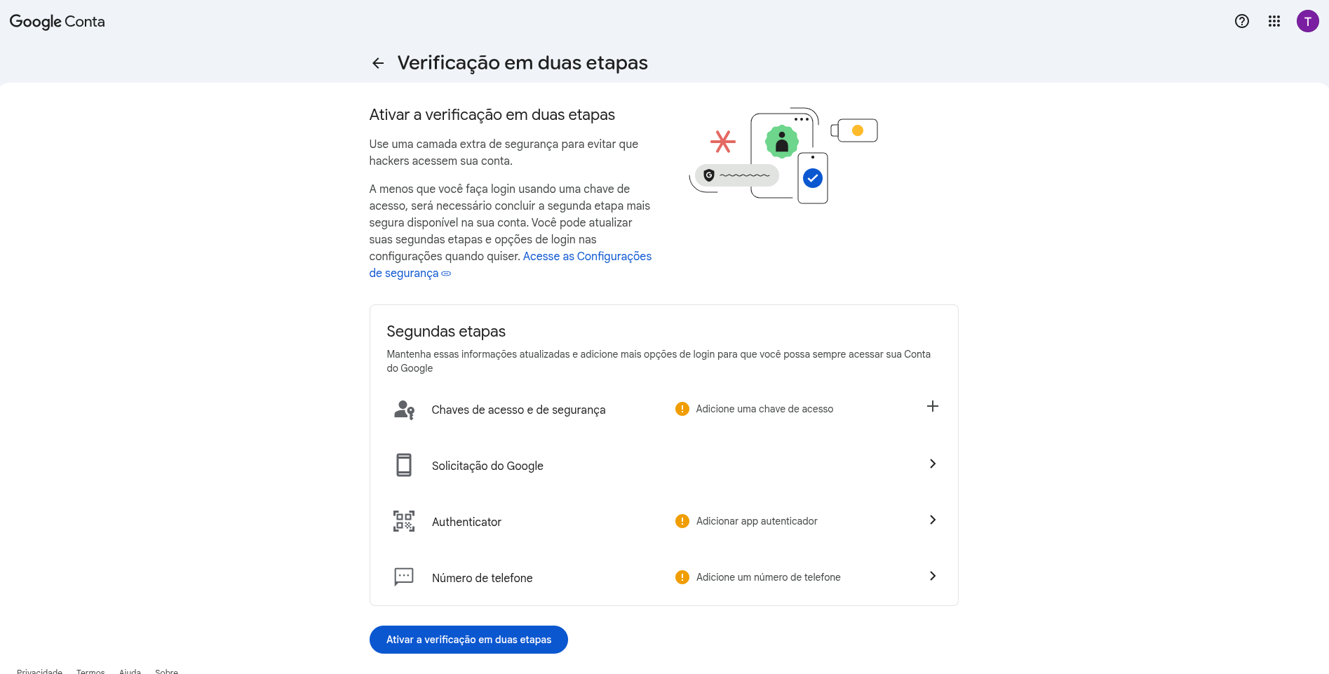 Opções de Verificação em Duas Etapas Google