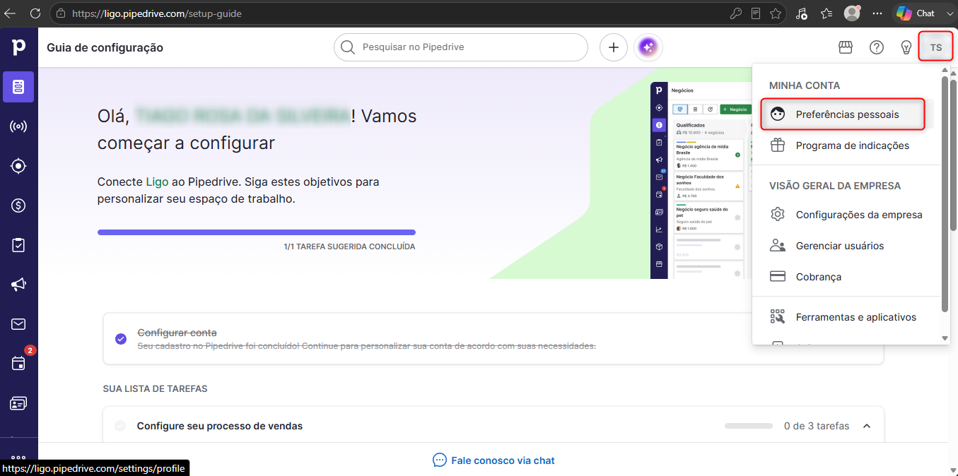 Tela inicial Pipedrive