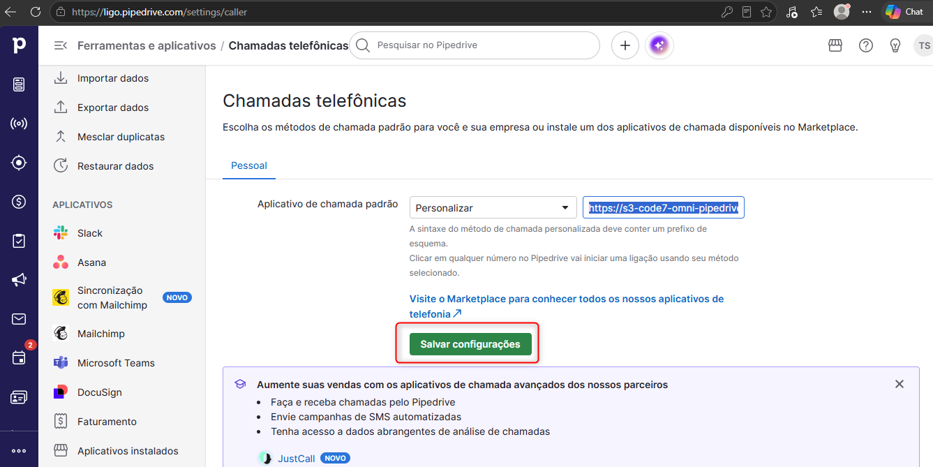 Opção Personalizar