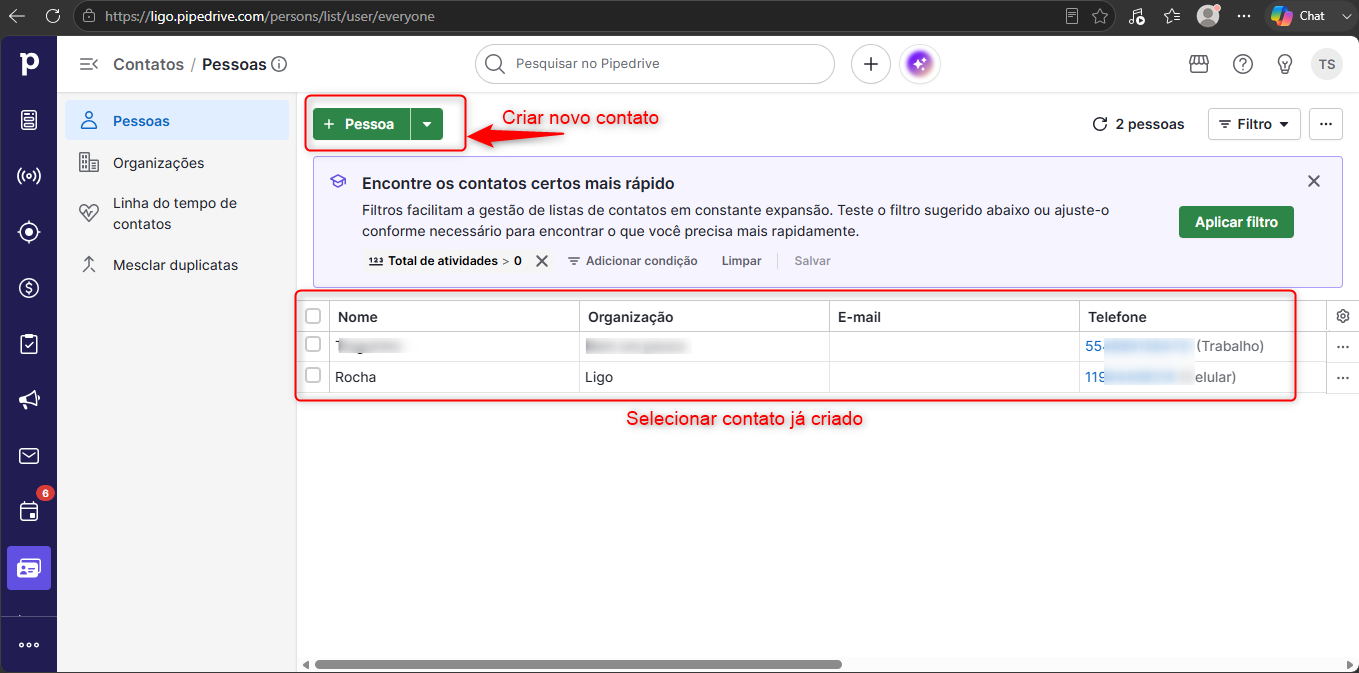 Tela Contatos