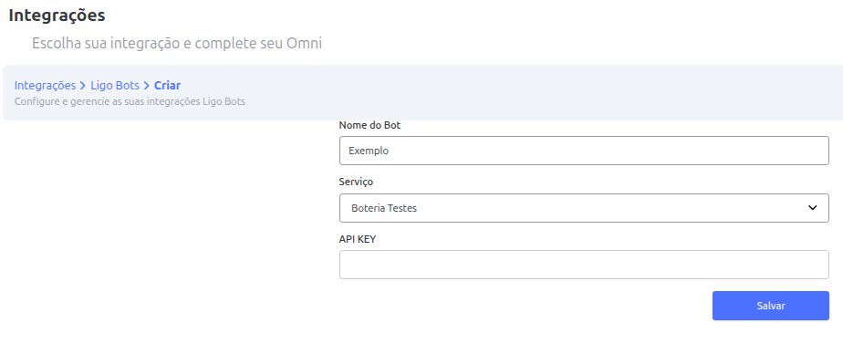 Exemplo  de tela de cadastro de integração
