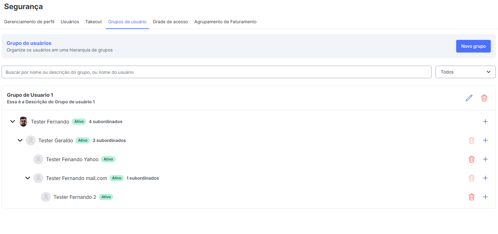 Tela de Grupos de Usuários