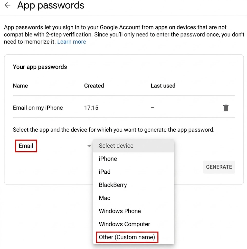 Configuração Senhas de App