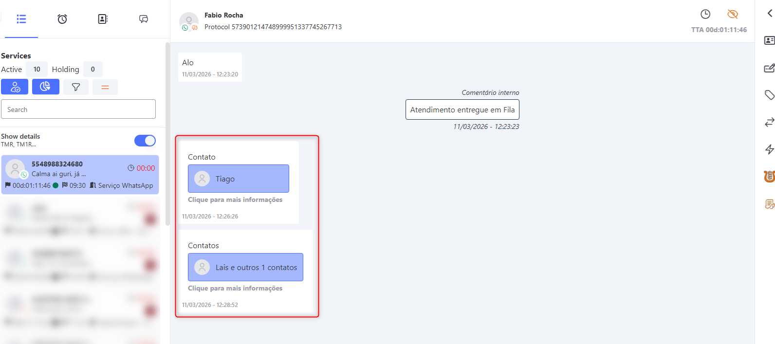 Recebimento de contato de WhatsApp