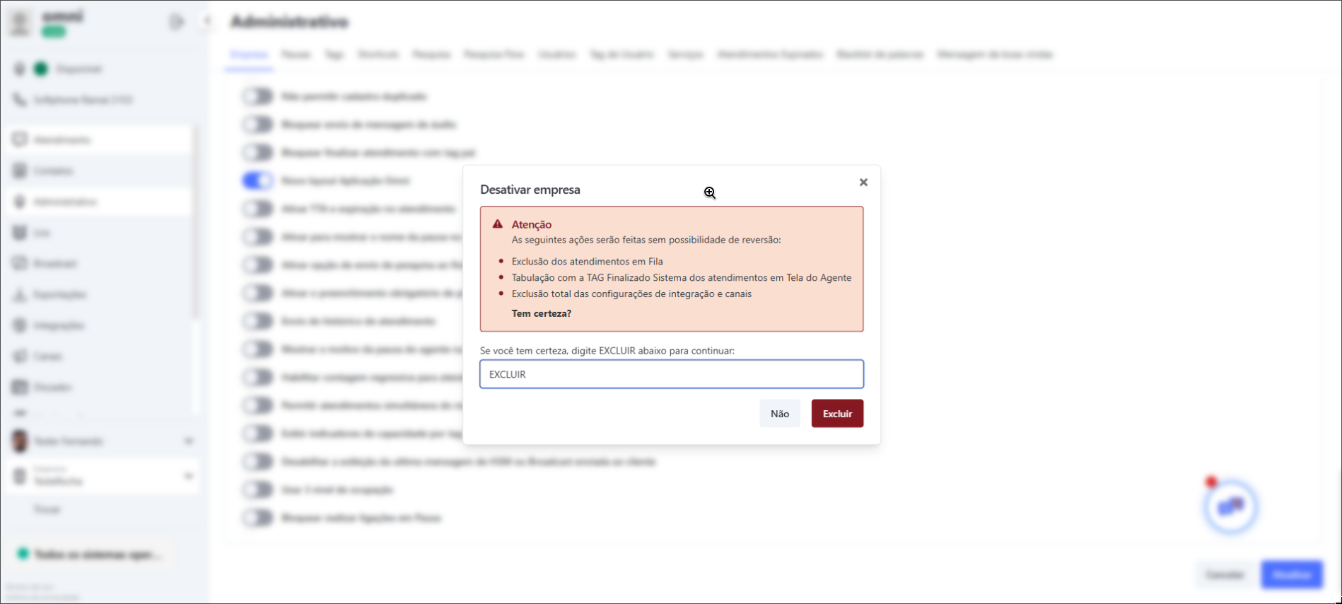 :class=sombracaixa Modal de Confirmação de Desativação de Empresa