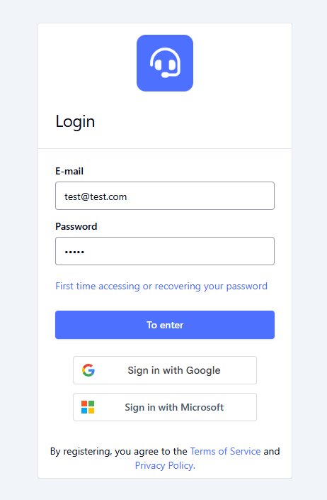Login screen with e-mail and password